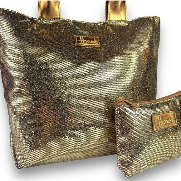 Harrods Vintage Gold Platinum Glitter Tote Shopper Bag Change Pouch Set Sparkle - Picture 13 of 13